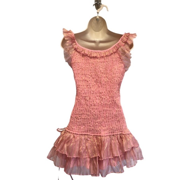 LoveShackFancy Gilded Violet Pink/Gold Gilded Ruffle- Shirred Mini Dress- sz M - Picture 4 of 13